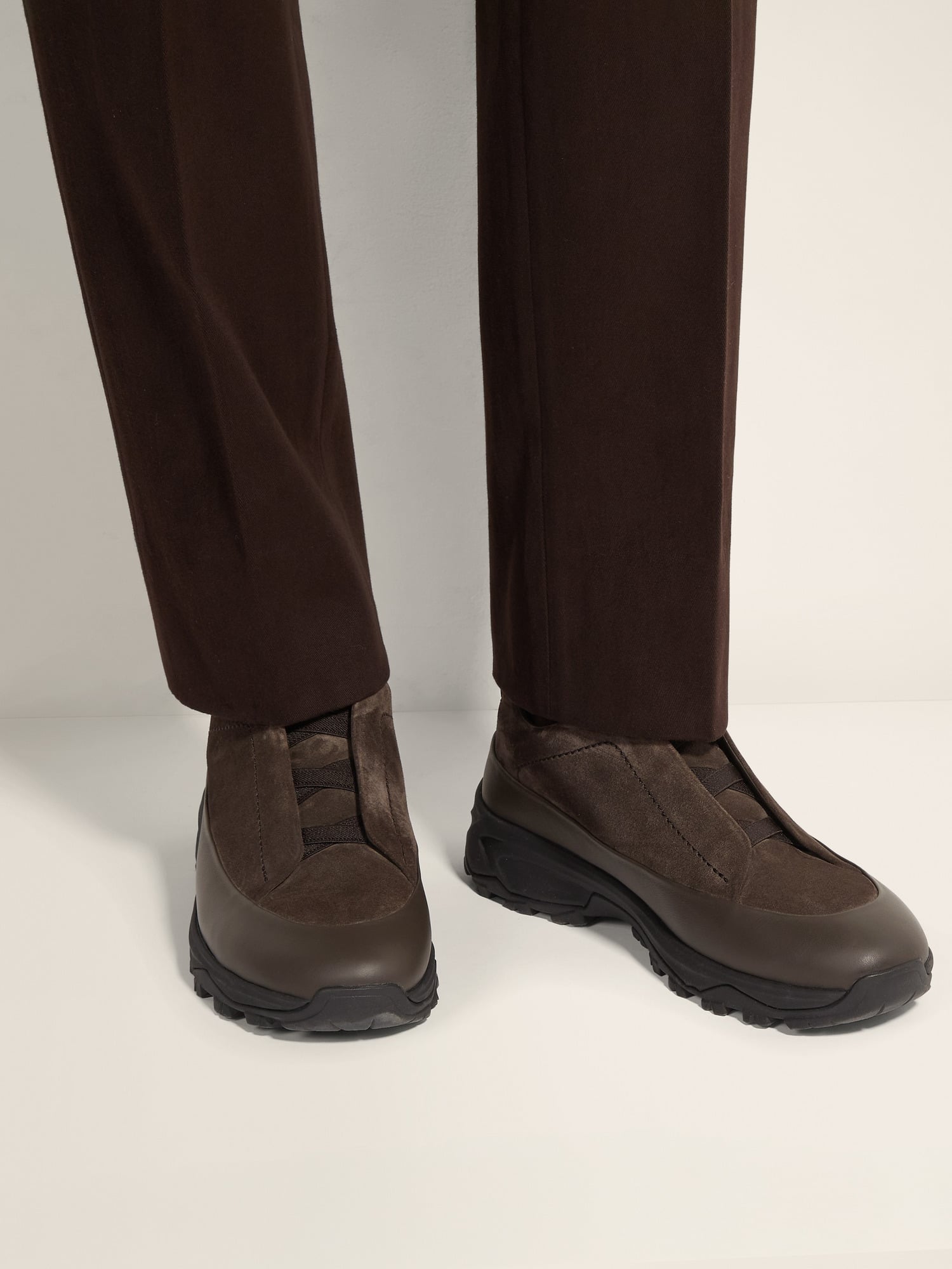 ZEGNA DARK BROWN LEATHER AND SUEDE TRIPLE STITCH MONTE SNEAKERS