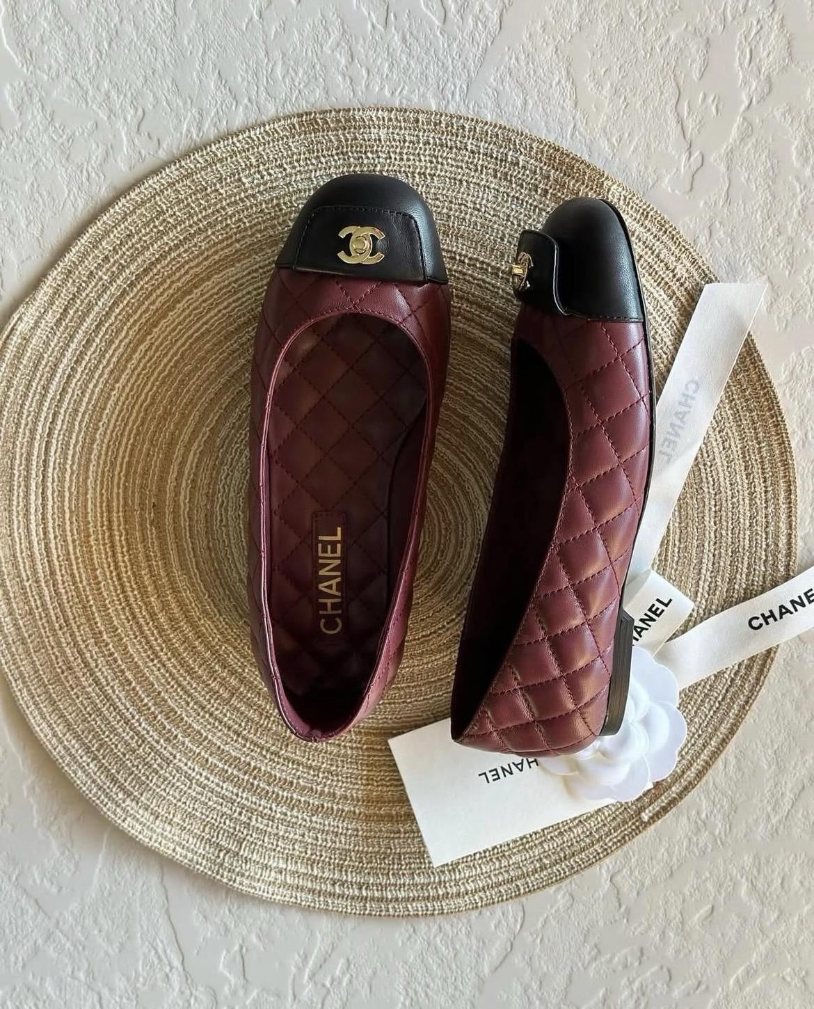 CHANEL Women’s Ballet Flats – Burgundy & Black Luxury Shoes