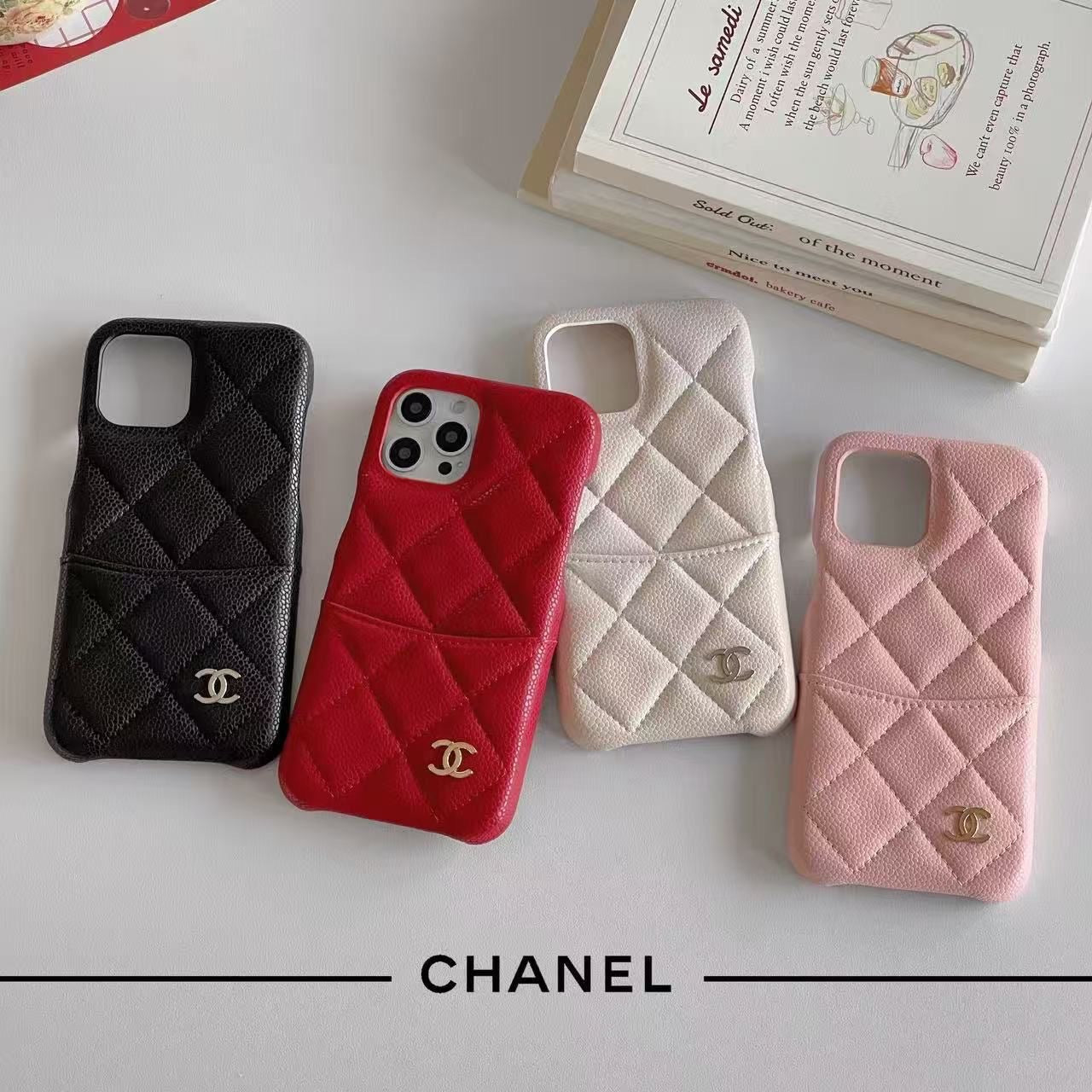 Chanel Quilted Phone Case with Logo – Black, White, Pink & Red