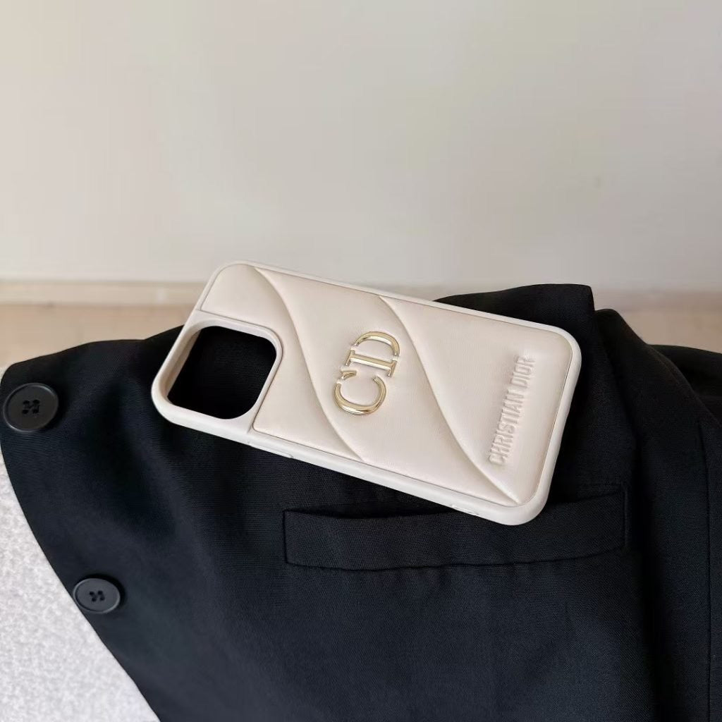 Dior Quilted Phone Case with Gold Finish Logo – White