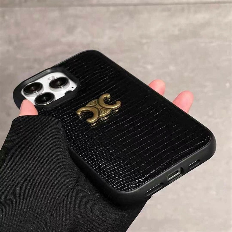 Celine Phone Case with Gold Triomphe Logo – Black