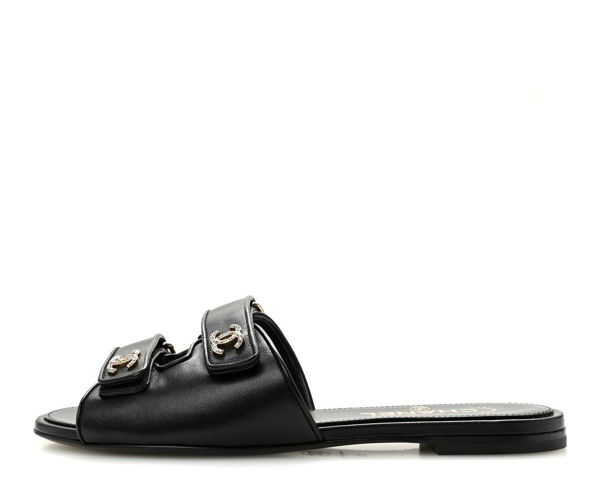 Chanel Lambskin Velcro Mules Black