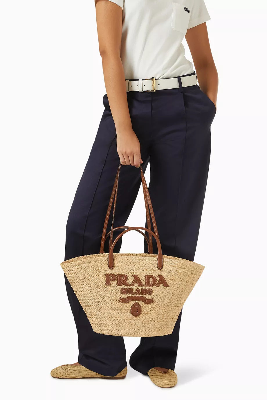 PRADA Large Tote Bag in Raffia & Leather