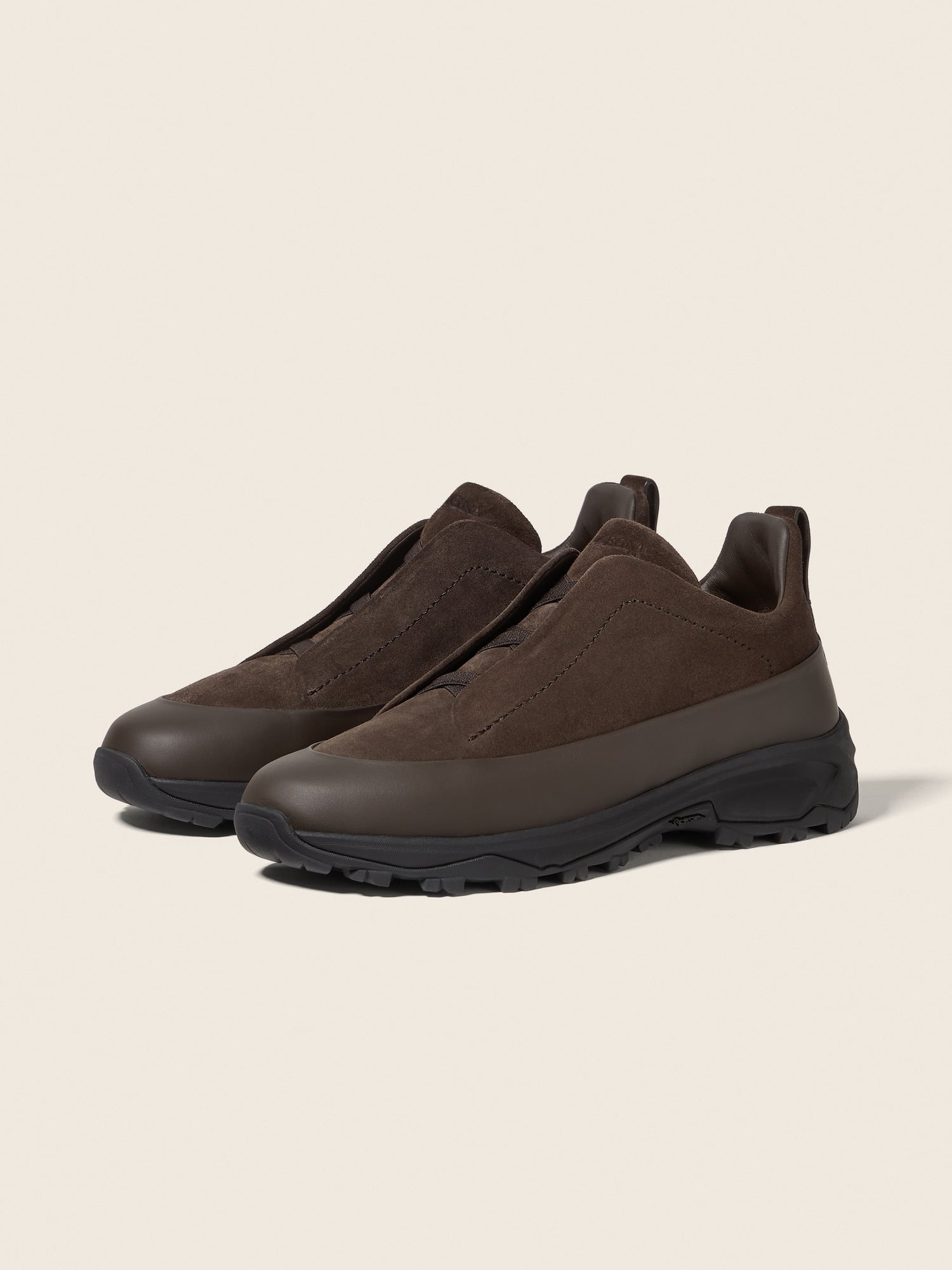 ZEGNA DARK BROWN LEATHER AND SUEDE TRIPLE STITCH  MONTE SNEAKERS