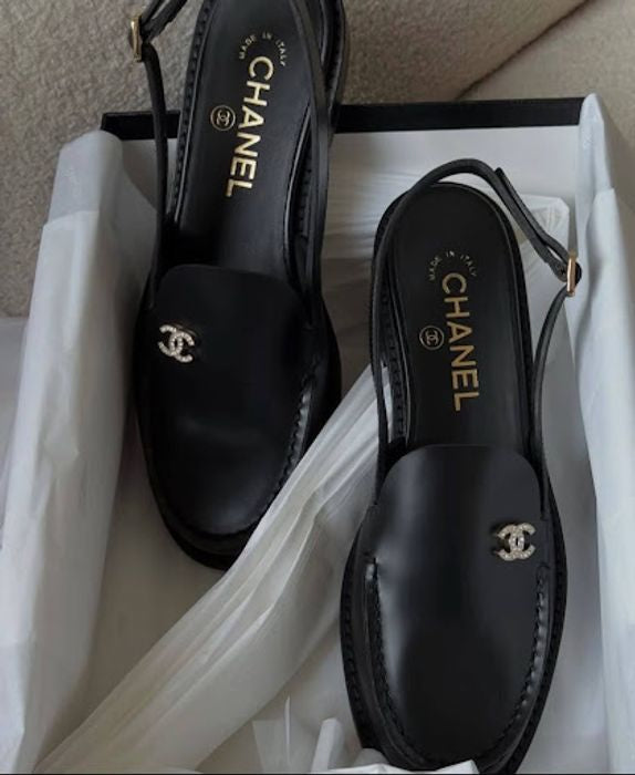 Chanel women's flat shoes with back strap in black