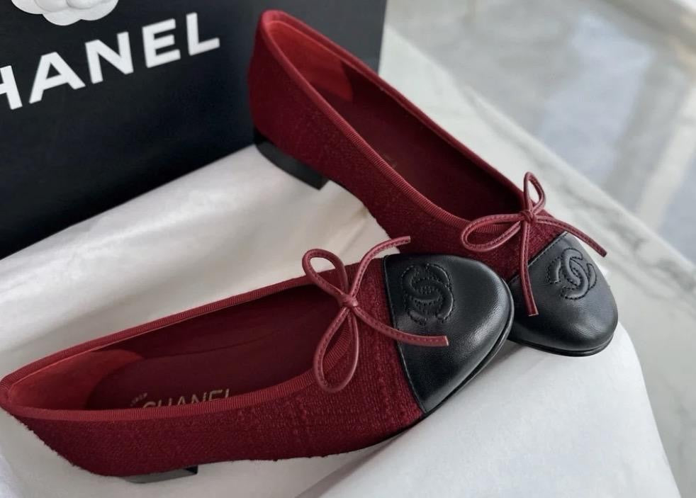 CHANEL Women’s Ballet Flats – Burgundy & Black Luxury Shoes