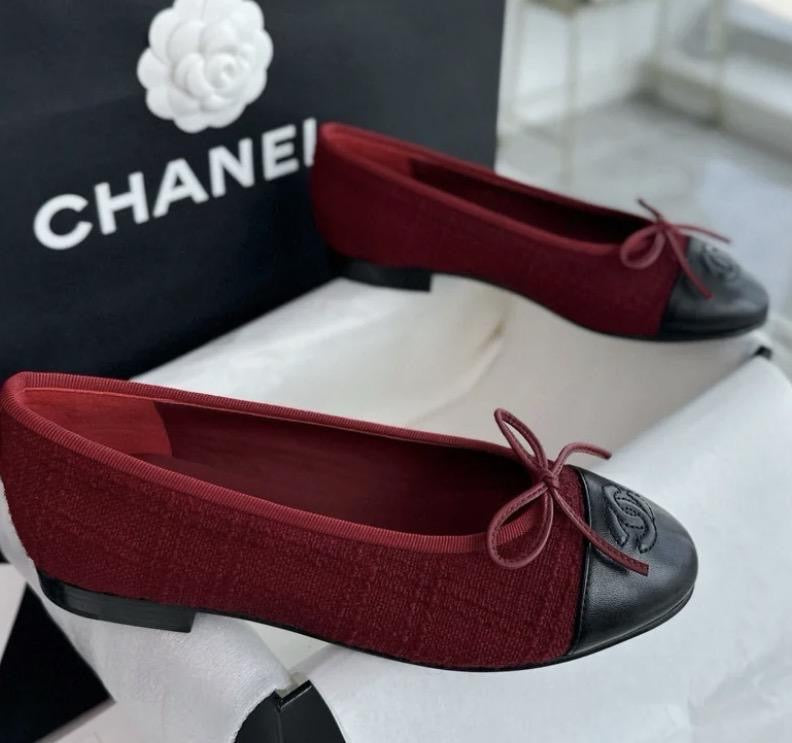 CHANEL Women’s Ballet Flats – Burgundy & Black Luxury Shoes