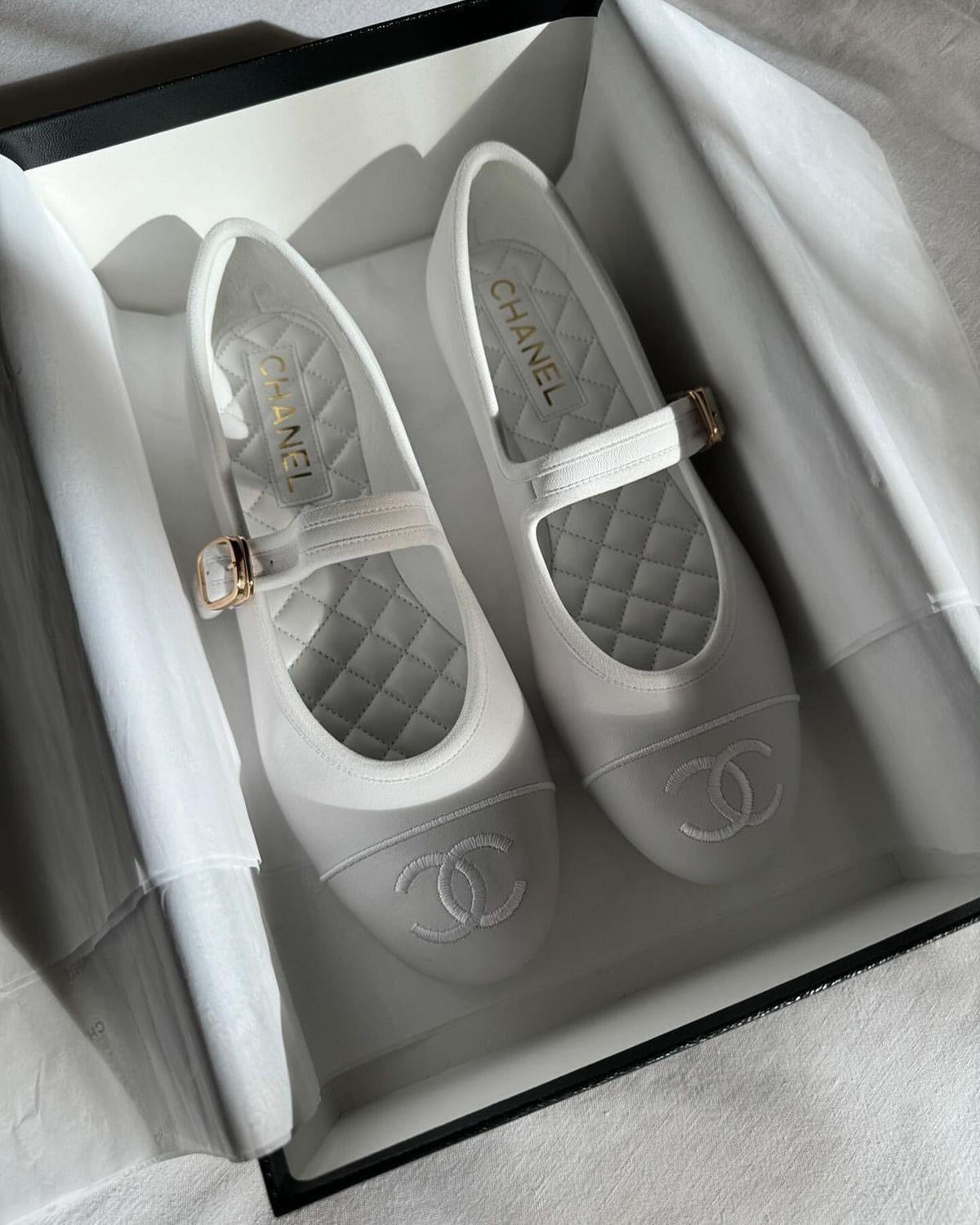 CHANEL Women’s Jane Flats – White Luxury Shoes