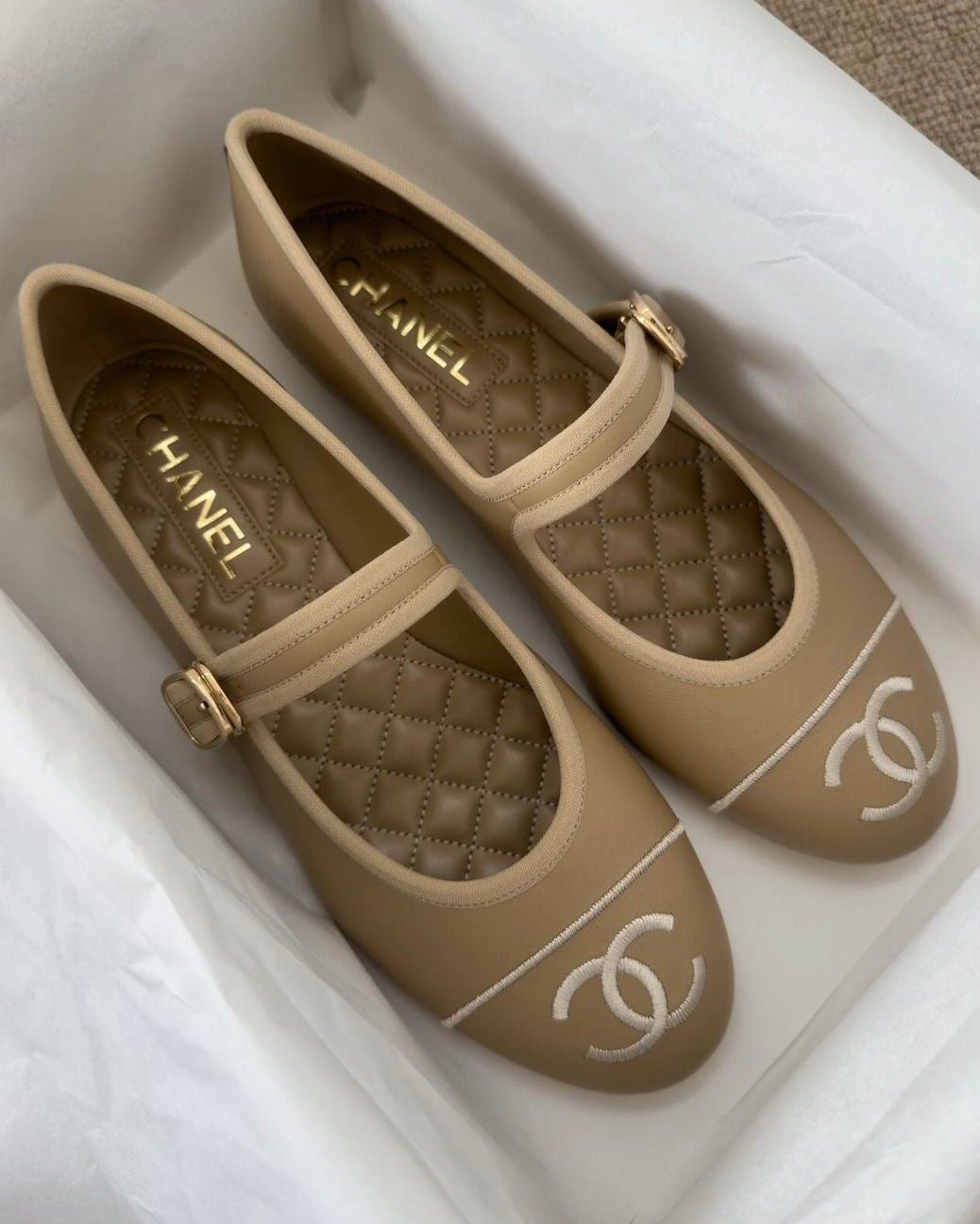 CHANEL Women’s Jane Flats – Beige Luxury Shoes