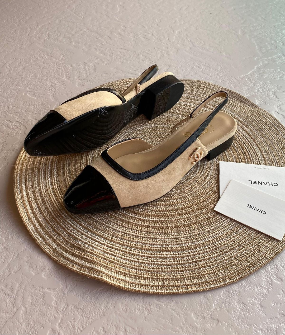 CHANEL Women’s Slingback Shoes – Apricot & Black Luxury Heels