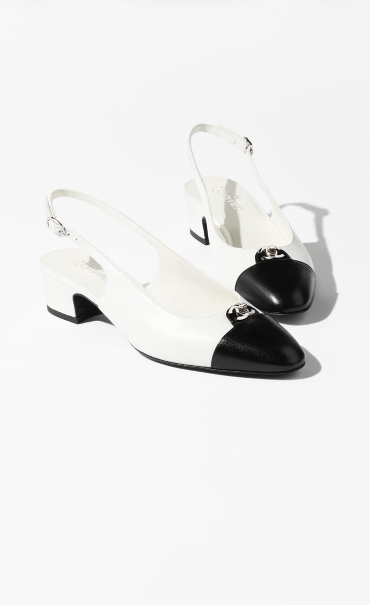 CHANEL Women’s Slingback Shoes – White & Black Luxury Heels