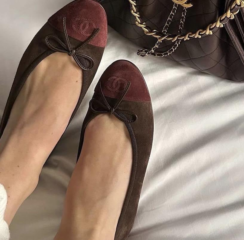 CHANEL Women’s Ballerina Flats – Brown & Burgundy Luxury Shoes