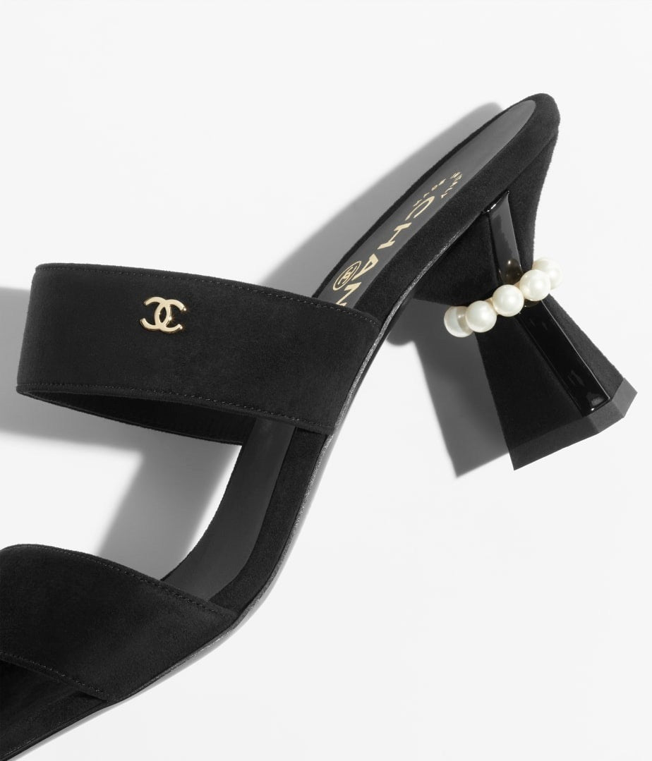 CHANEL Women’s Mules Pearl Sandals – Black Suede Luxury Heels