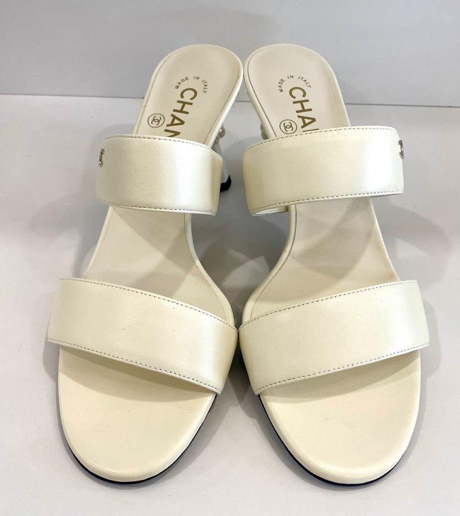 CHANEL Women’s Mules Pearl Sandals – White Luxury Heels