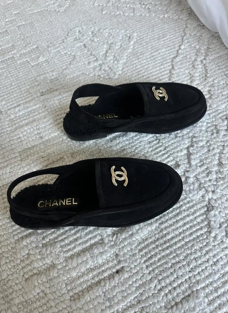 CHANEL Women’s Slingback Sherpa Loafers – Black Luxury Shoes