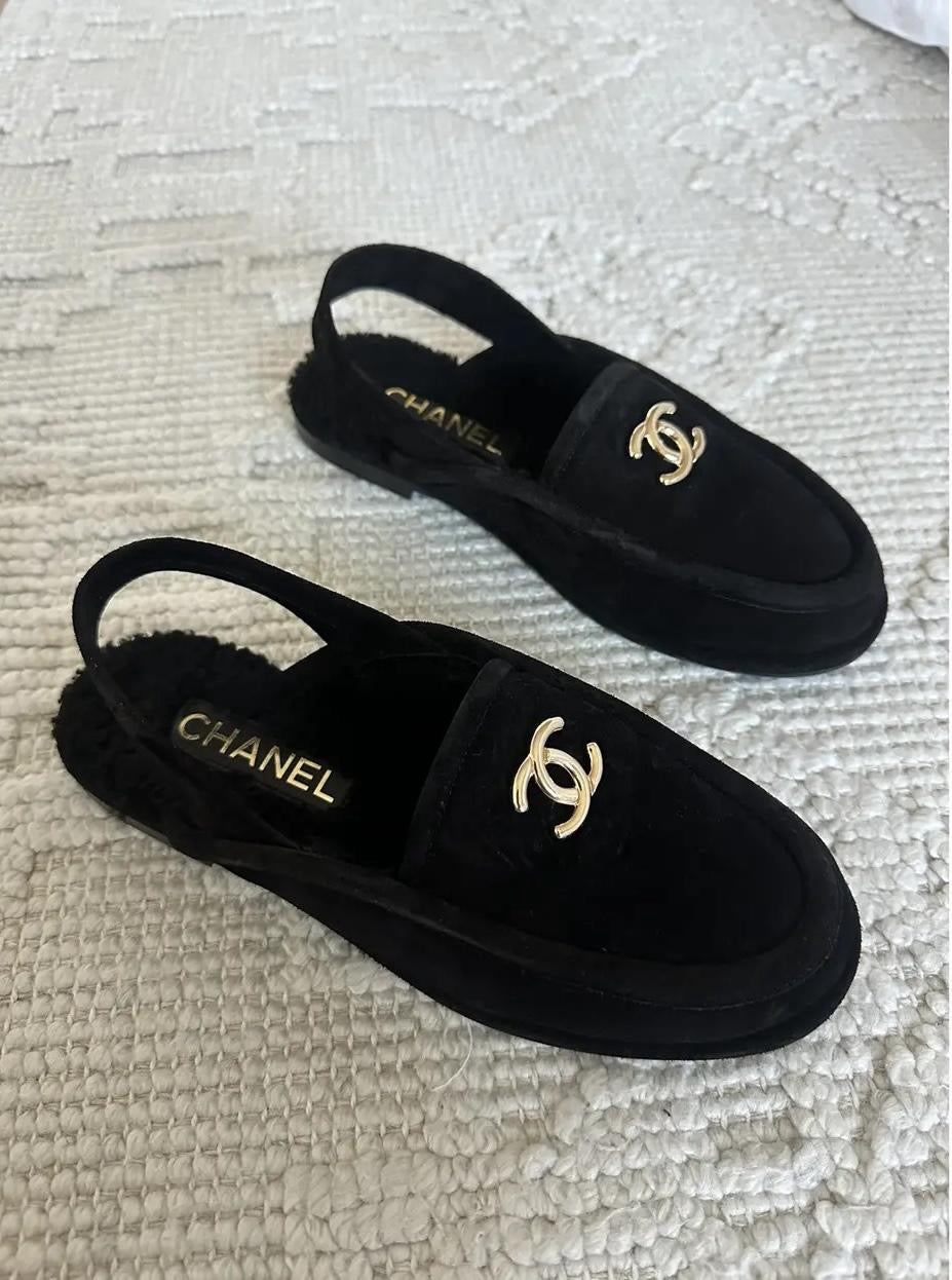 CHANEL Women’s Slingback Sherpa Loafers – Black Luxury Shoes