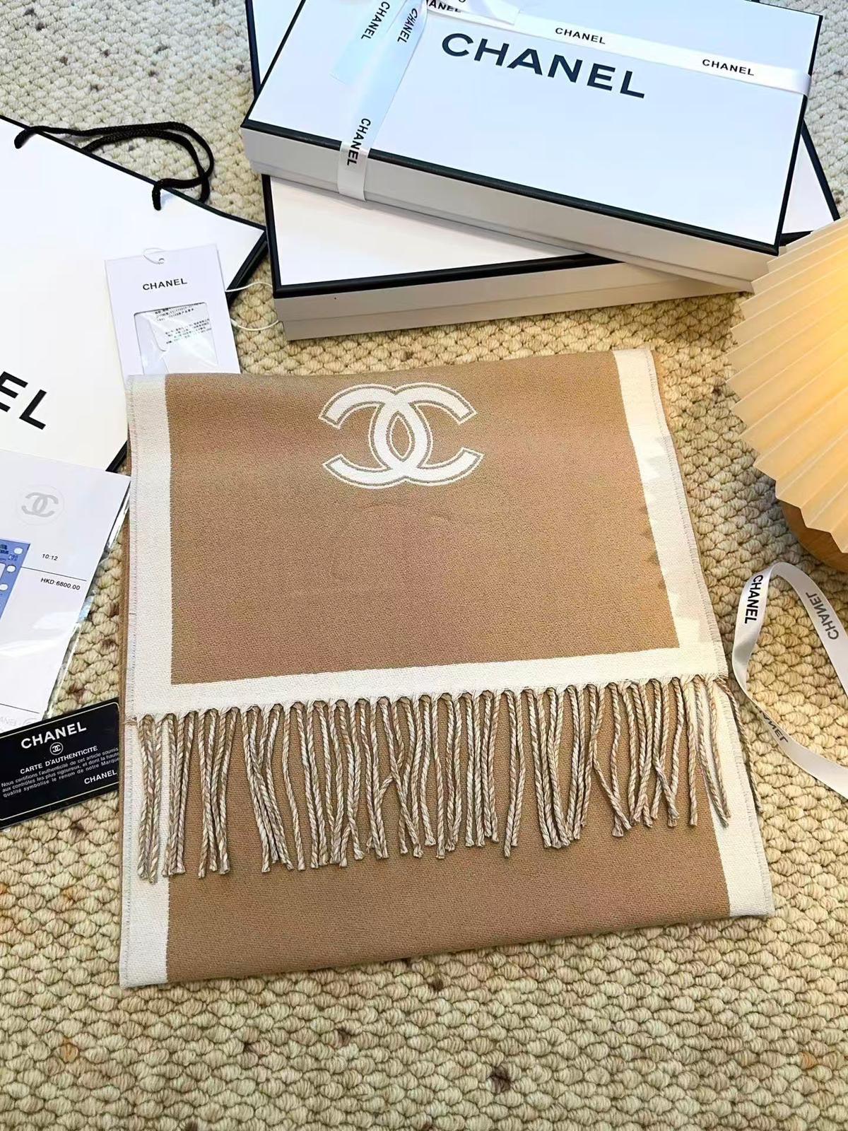 CHANEL Cashmere Scarf – Beige & White | Luxury Soft Winter Scarf