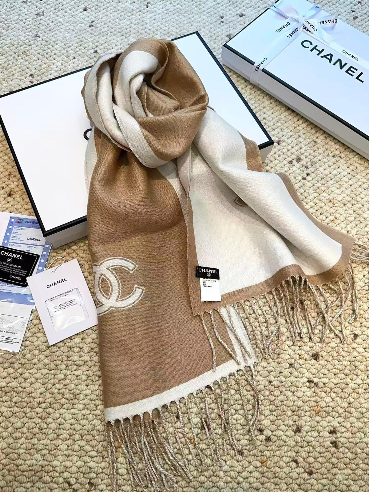 CHANEL Cashmere Scarf – Beige & White | Luxury Soft Winter Scarf