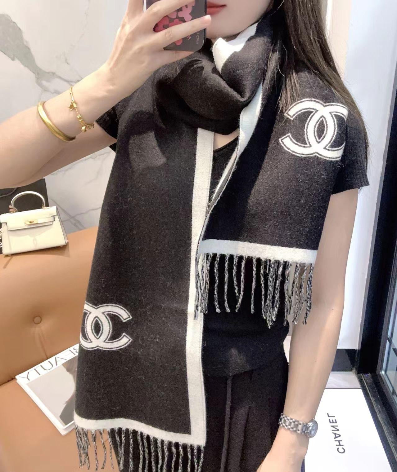 CHANEL Cashmere Scarf – Black & White | Luxury Soft Winter Scarf