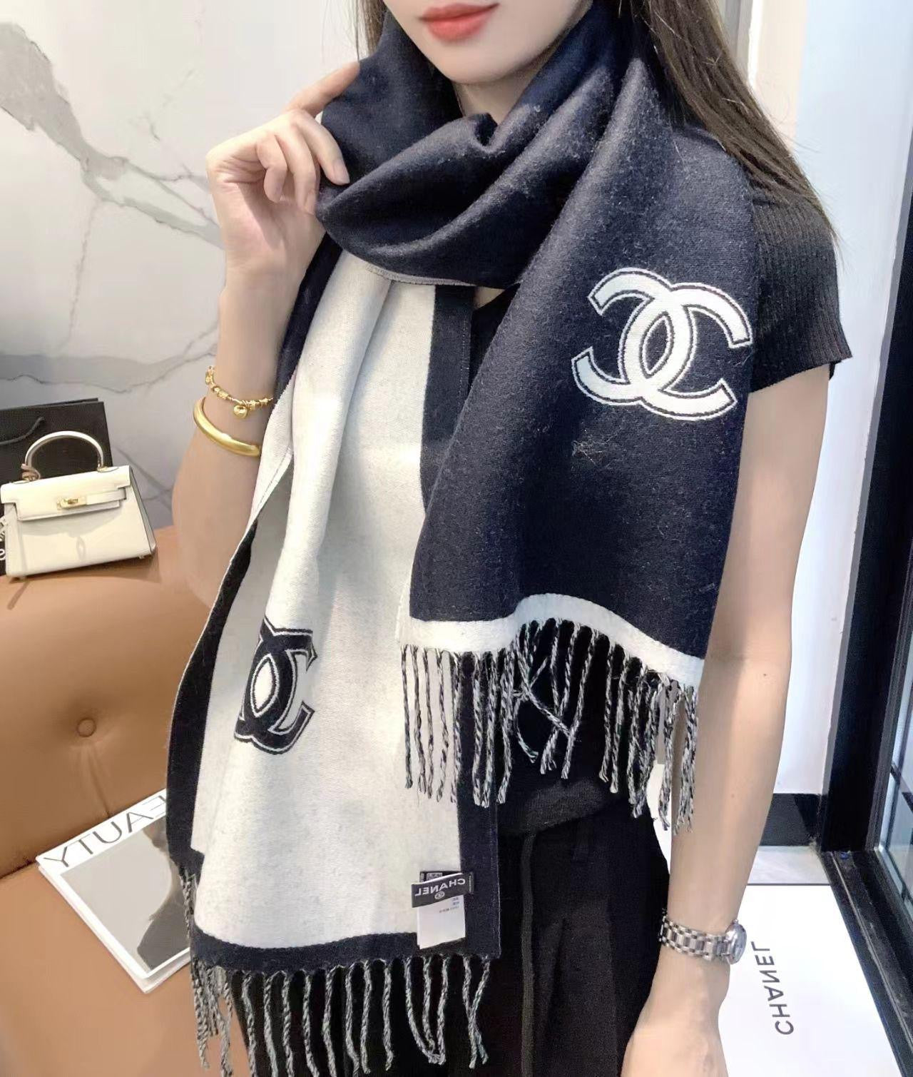 CHANEL Cashmere Scarf – Blue & White | Luxury Soft Winter Scarf