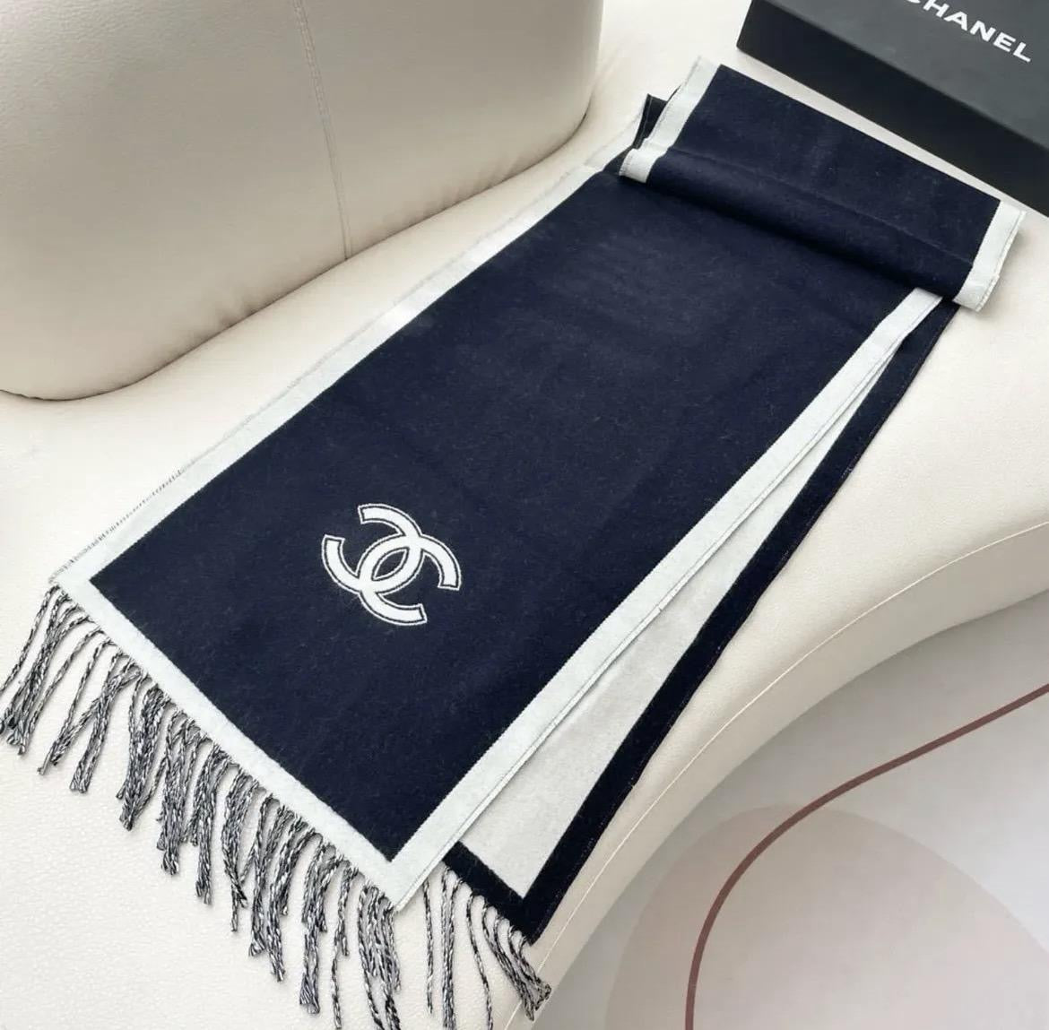 CHANEL Cashmere Scarf – Blue & White | Luxury Soft Winter Scarf