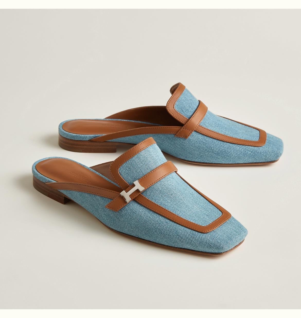 HERMES Women’s Groupie Mule – Denim & Brown | Elegant Slip-On Shoes