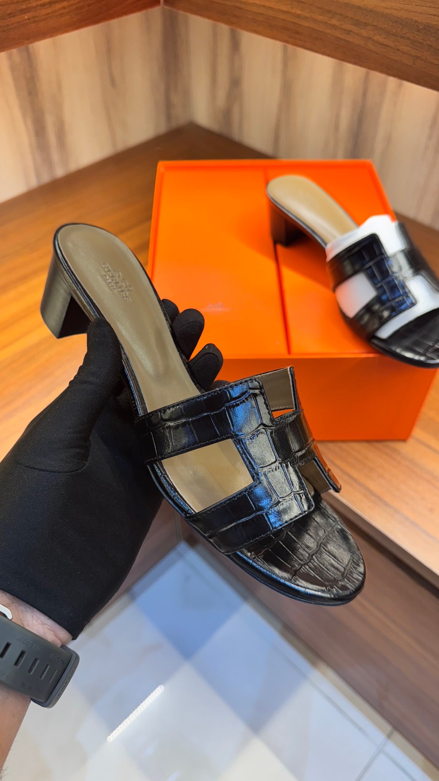 HERMES Women’s Oasis Heels – Black Croc | Elegant Heeled Sandals