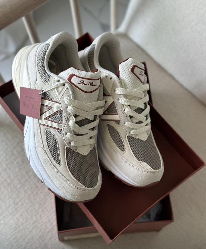 New Balance x Loro Piana Men’s 990v6 Raw Cashew Sneaker – White & Red