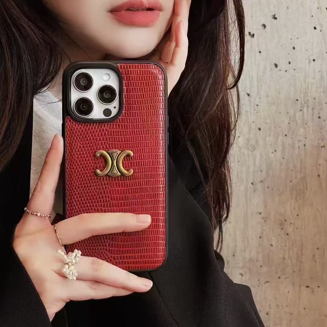 Celine Phone Case with Gold Triomphe Logo – Red