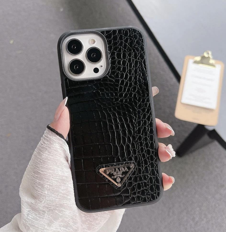 Prada Textured Phone Case with Triangle Logo – Black