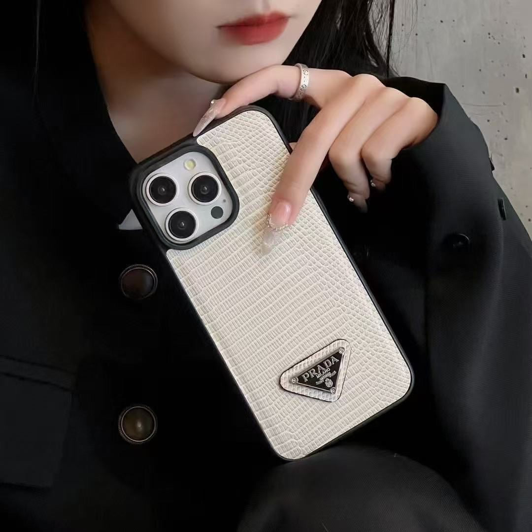 Prada Textured Phone Case with Triangle Logo – White