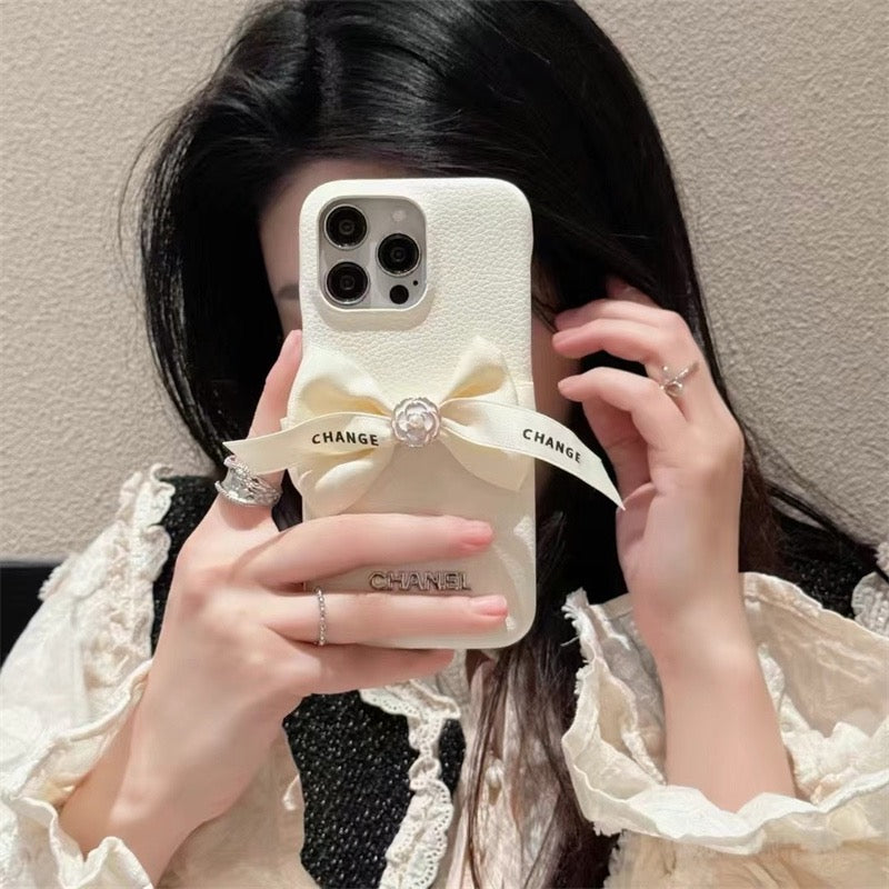 Chanel Phone Case with Ribbon Bow – White