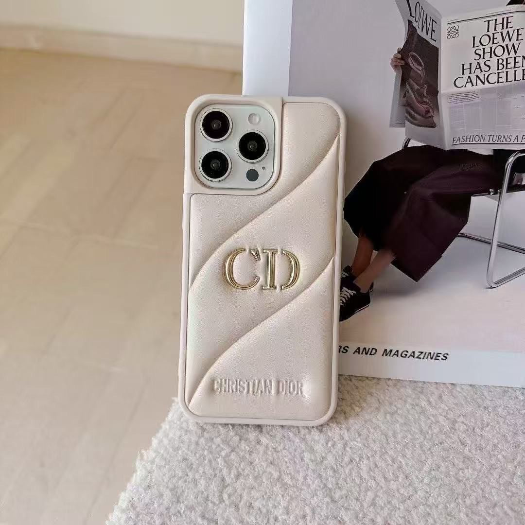 Dior Quilted Phone Case with Gold Finish Logo – White