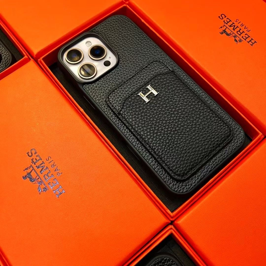 Hermes Phone Case with Card Holder – Black & Orange