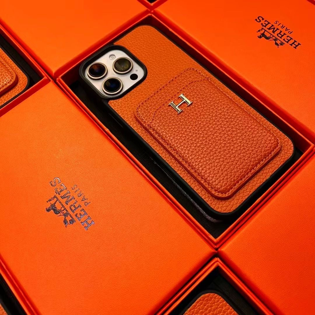 Hermes Phone Case with Card Holder – Black & Orange