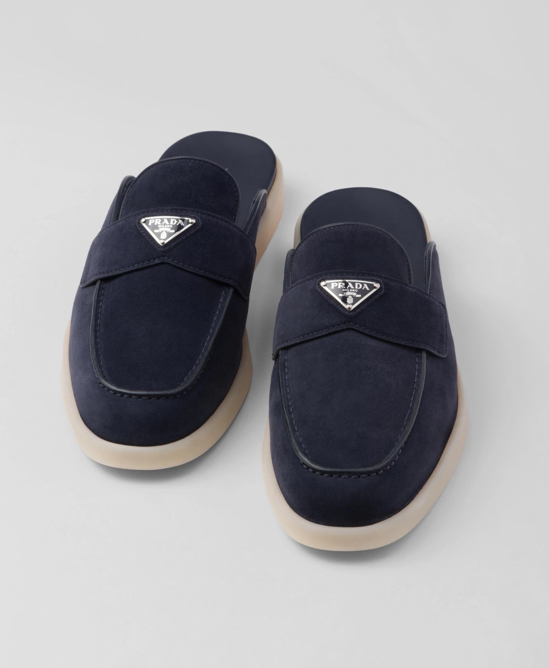 PRADA Women’s Suede Mules – Dark Blue Luxury Shoes