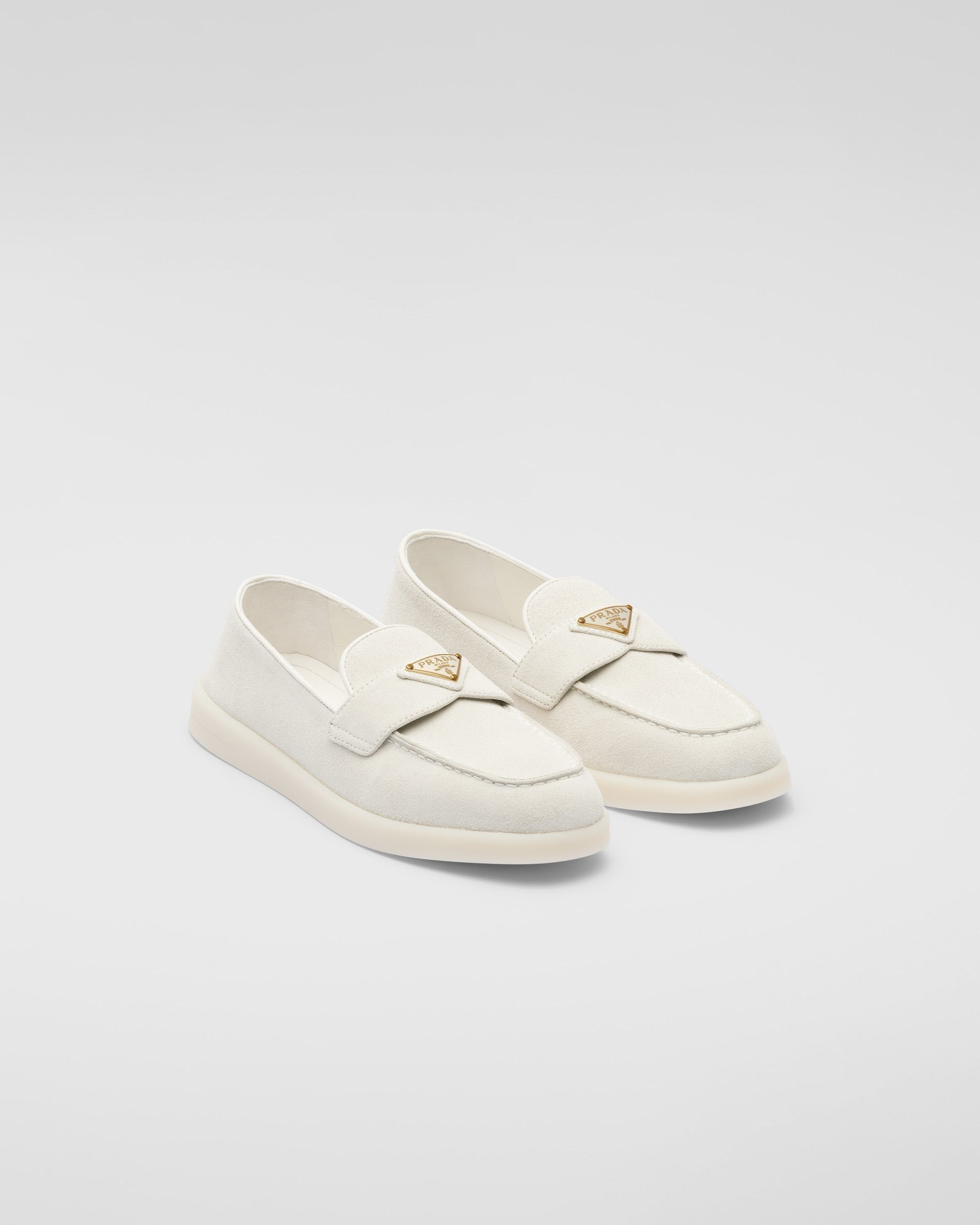 PRADA Women’s Suede Loafers – Grey & White Luxury Shoes