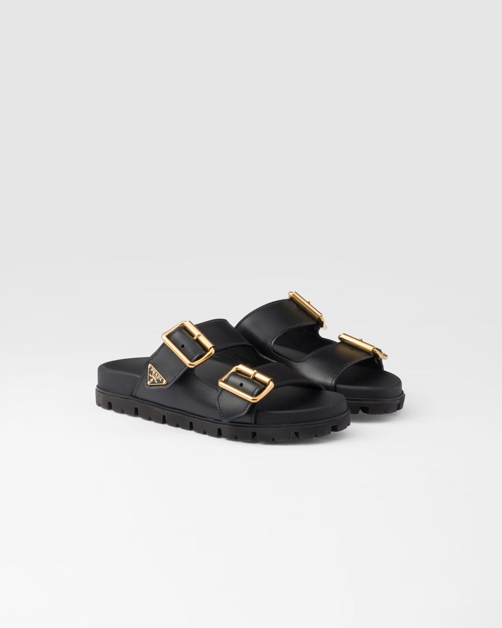 PRADA Women’s Leather Slides – Black Luxury Flat Sandals