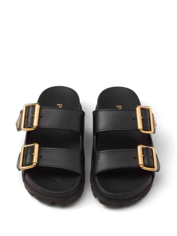 PRADA Women’s Leather Slides – Black Luxury Flat Sandals