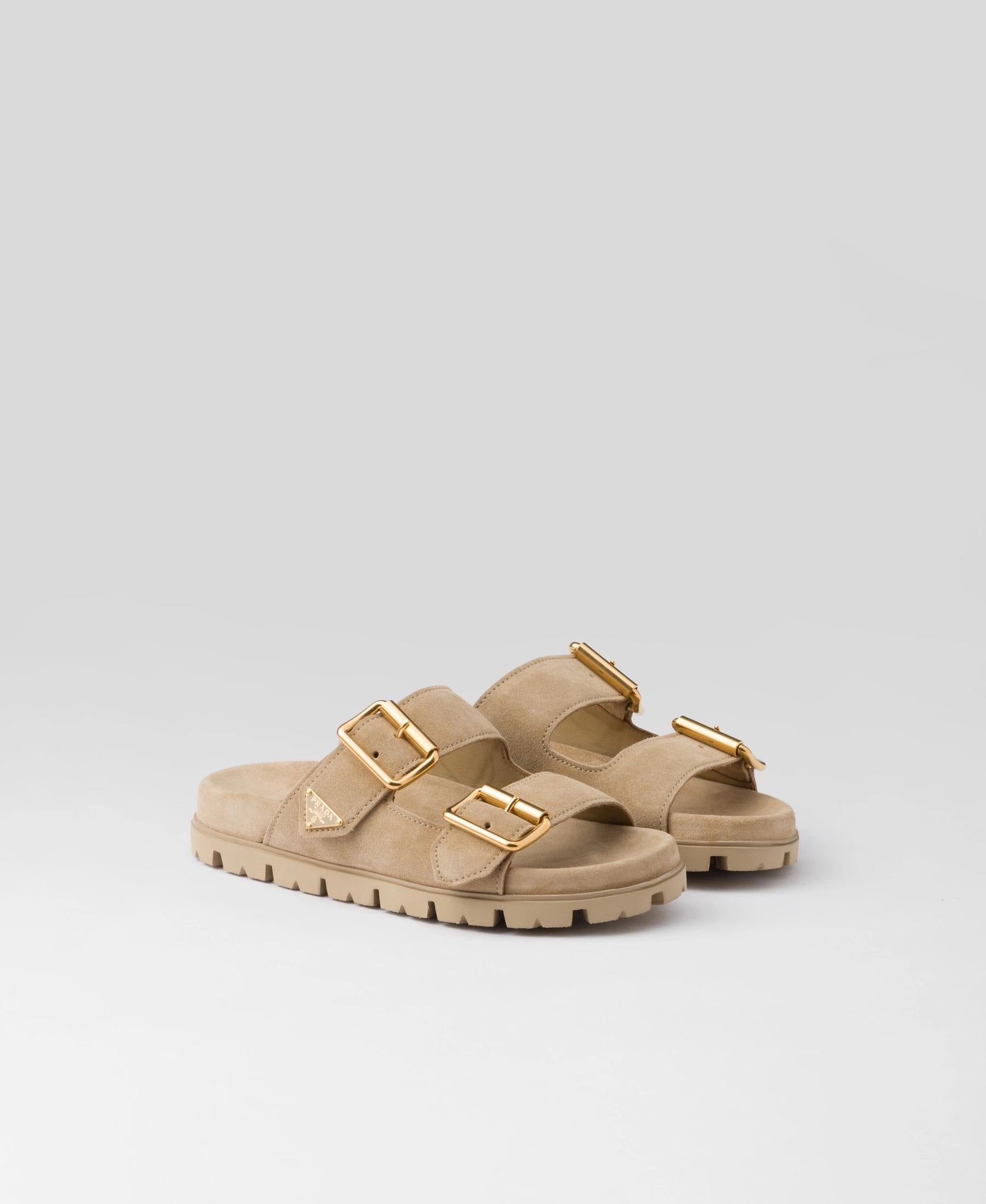 PRADA Women’s Suede Strap Slides – Beige Luxury Flat Sandals