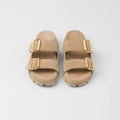 PRADA Women’s Suede Strap Slides – Beige Luxury Flat Sandals
