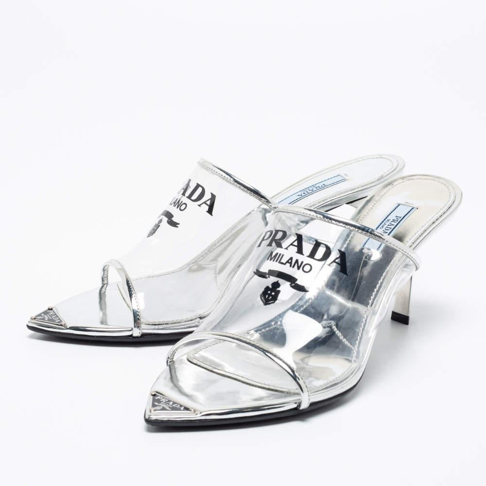 PRADA Women’s Logo Print Plexiglass Heels – 8cm Silver Pumps