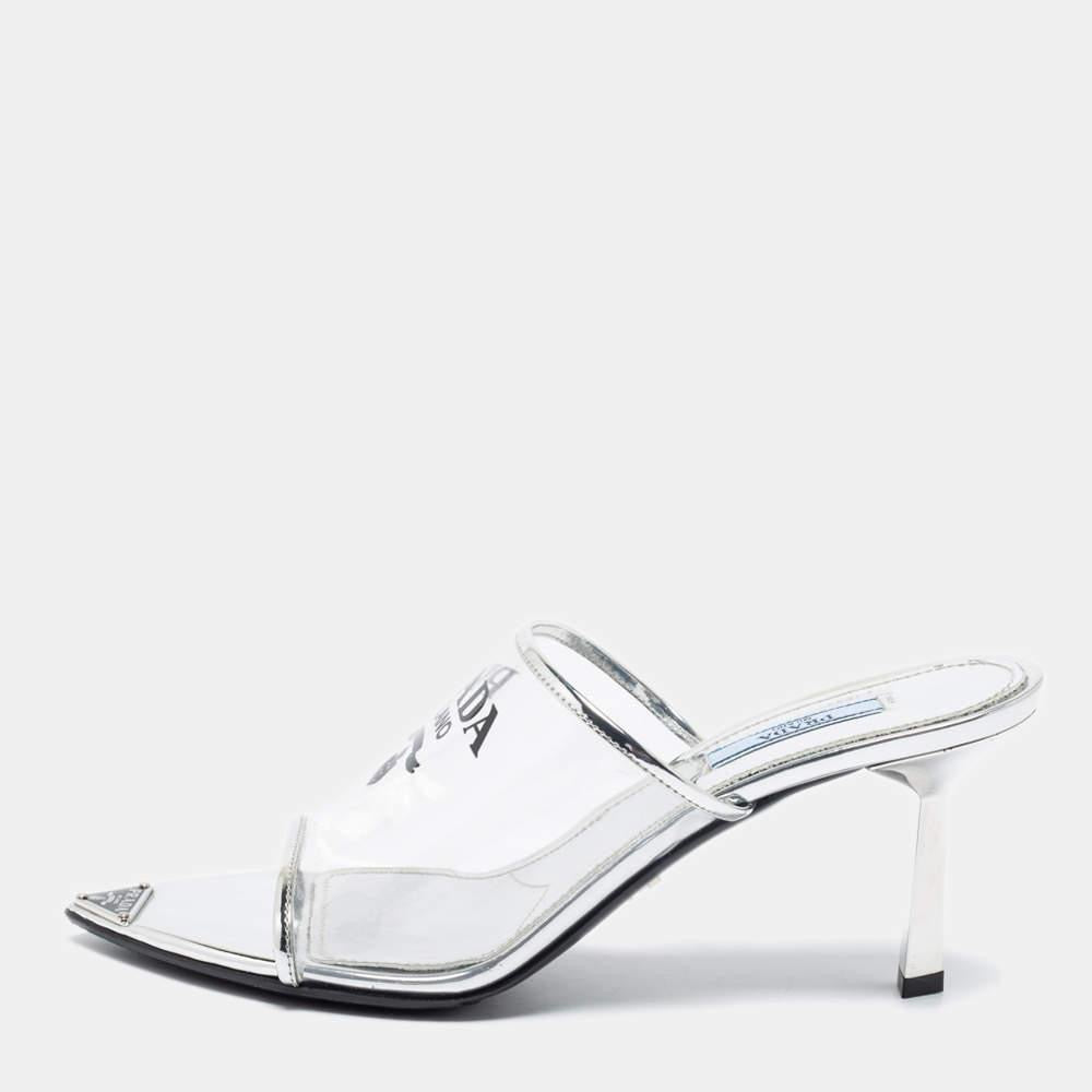 PRADA Women’s Logo Print Plexiglass Heels – 8cm Silver Pumps