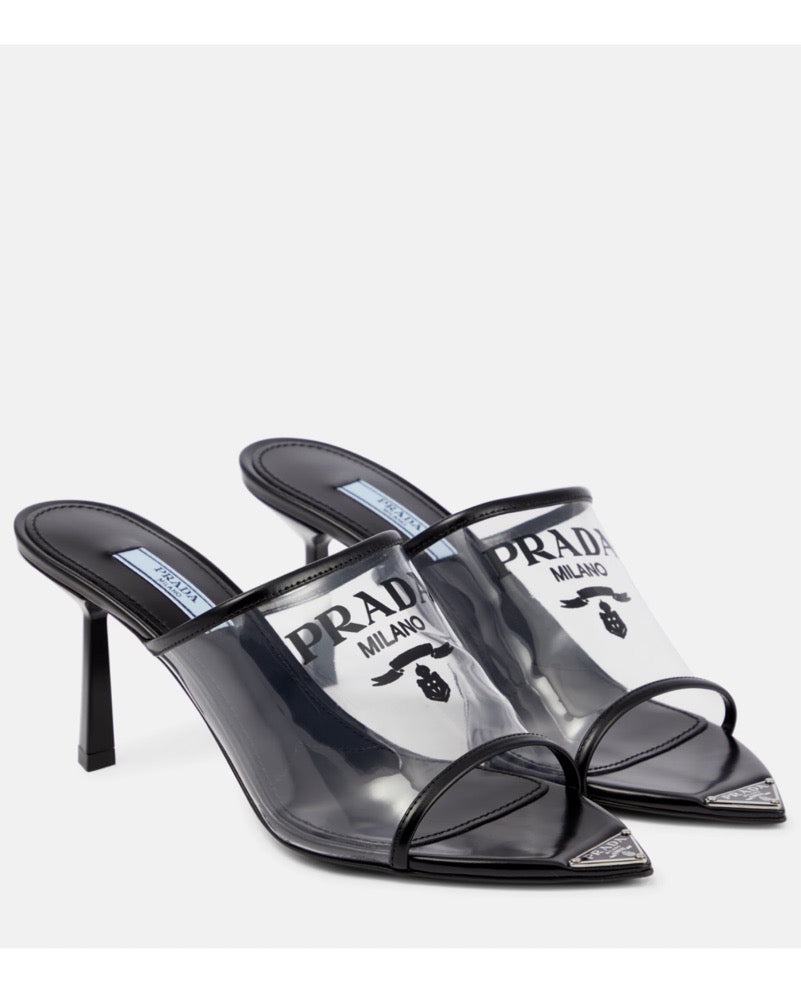 PRADA Women’s Logo Print Plexiglass Heels – Black Luxury Pumps