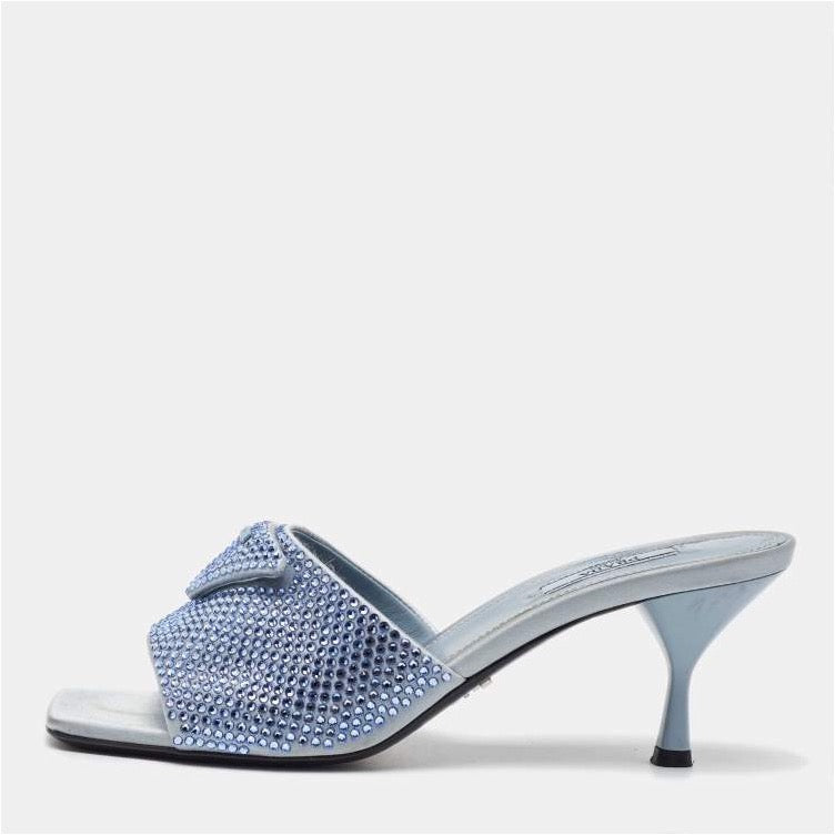 PRADA Women’s Crystal Satin Mules – 7cm Light Blue Heels