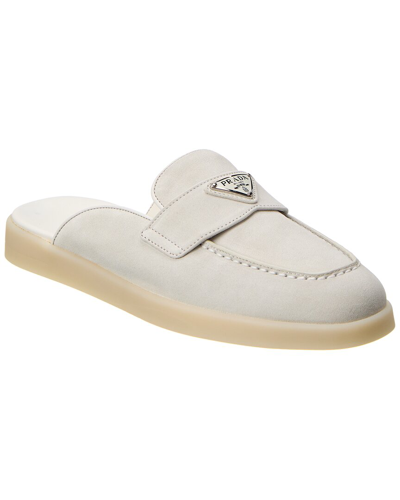 PRADA Women’s Suede Mules – Grey & White Luxury Shoes