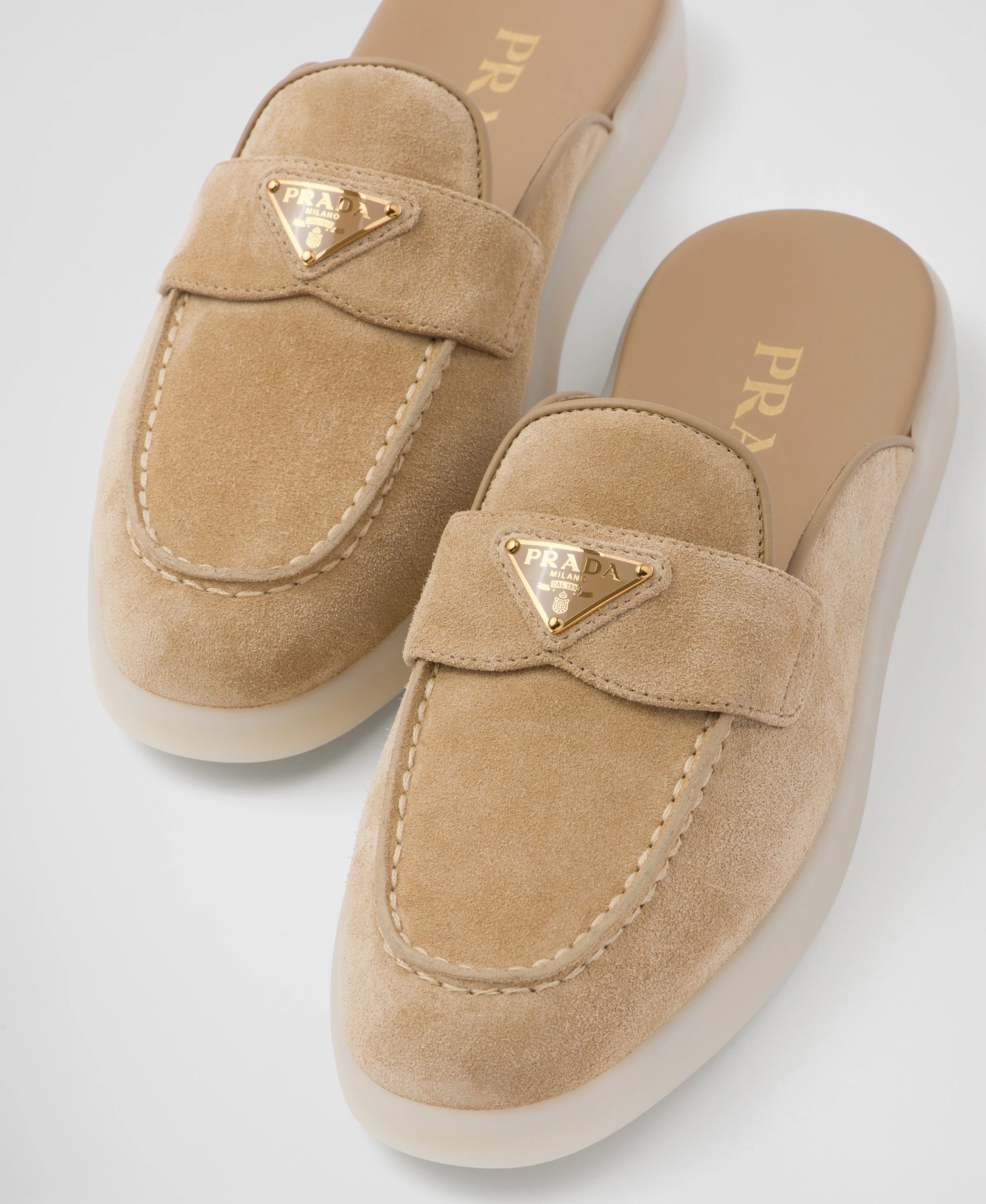 PRADA Women’s Suede Mules – Camel Luxury Shoes