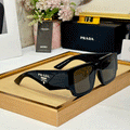 Prada Symbole Rectangle Frame Sunglasses – Black / Dark Grey Lenses