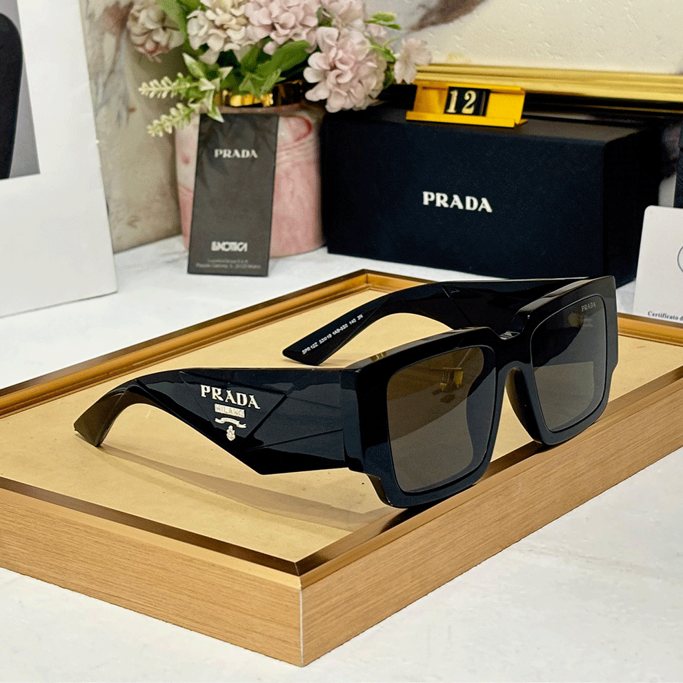 Prada Symbole Rectangle Frame Sunglasses – Black / Dark Grey Lenses