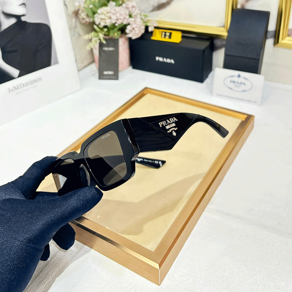 Prada Symbole Rectangle Frame Sunglasses – Black / Dark Grey Lenses